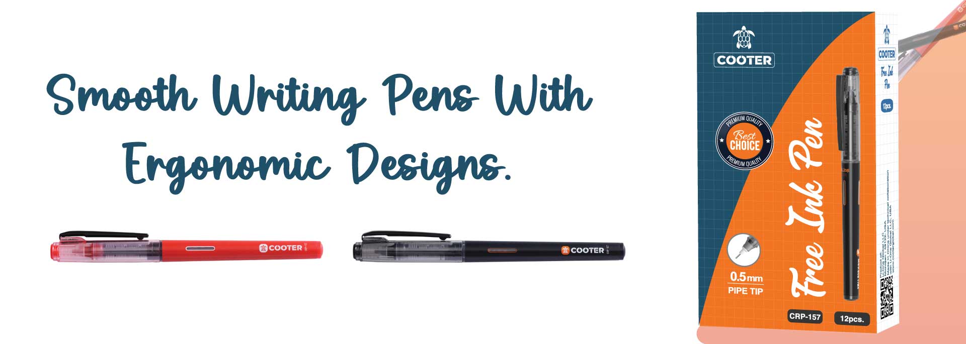 Smooth writing pens with ergonomic designs